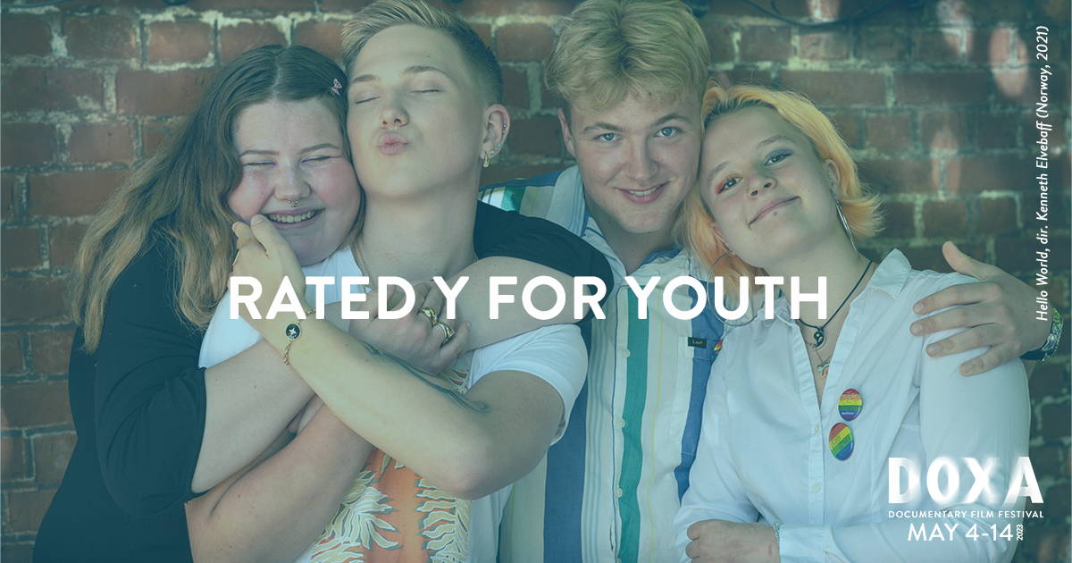 White text promoting Rated Y For Youth overtop of a blue-tinted photograph of four youth posing for the camera, smiling and joyful, with their arms wrapped around each other. Still from Hello World (Norway, 2021)