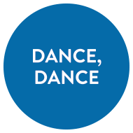 Blue circle with white text that reads DANCE, DANCE