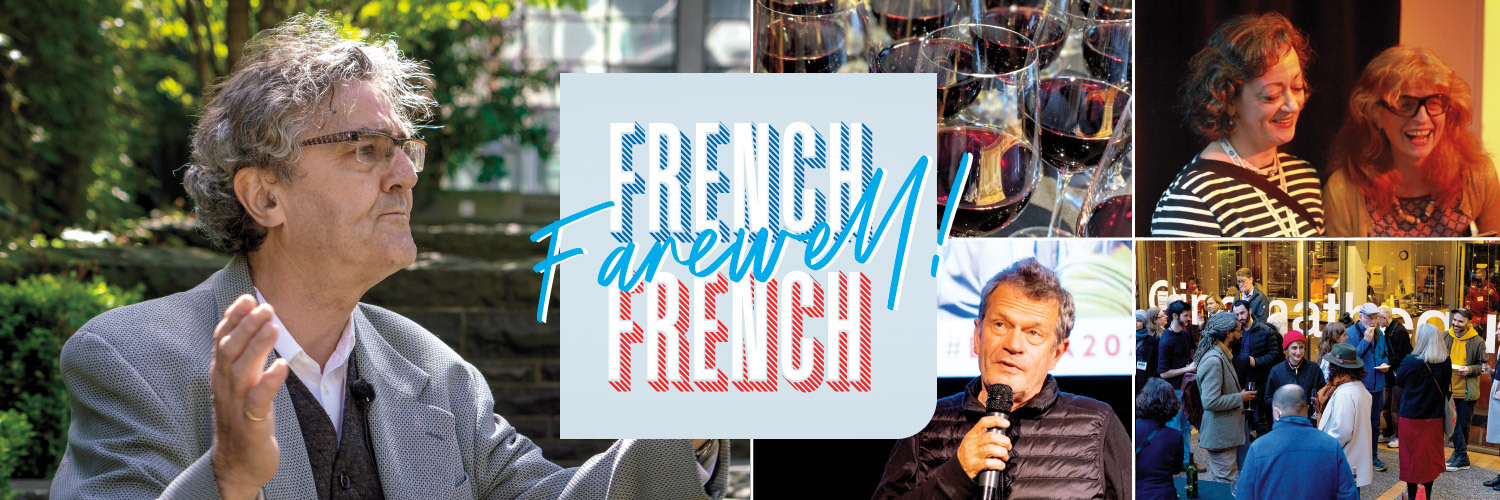 Header collage of photographs for Farewell French French! collection of three essays. Shows the curator, filmmakers an DOXA staff