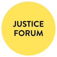 Yellow circle with black text that reads JUSTICE FORUM