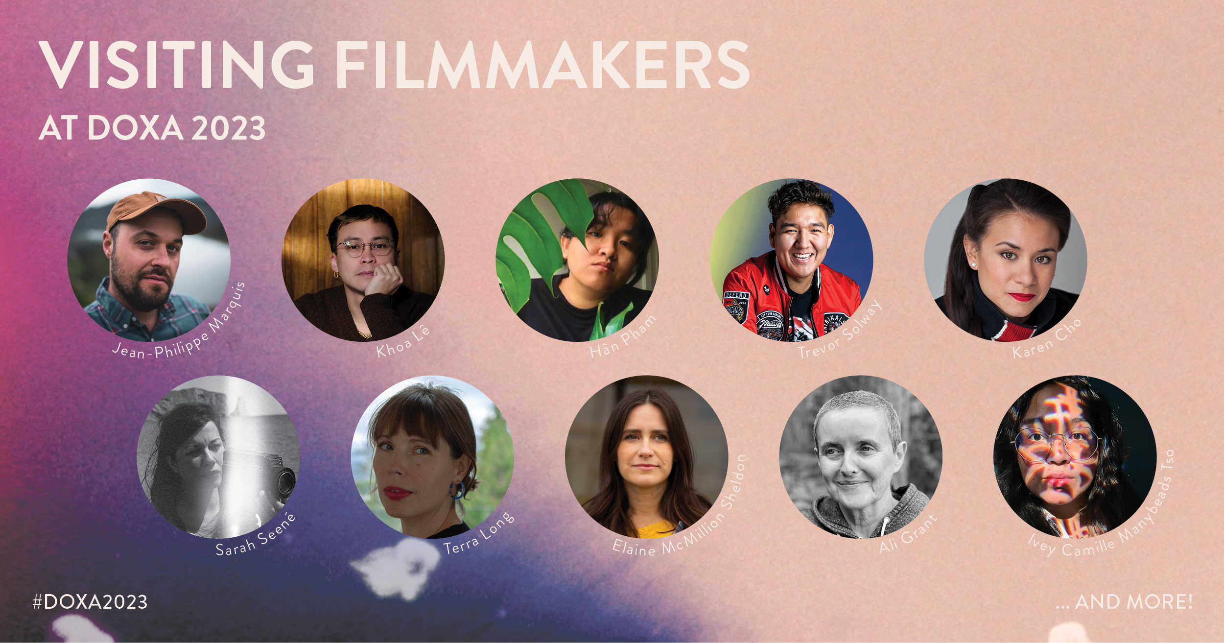 Visiting filmmakers graphic showing 10 portrait circles over an abstract blurry background
