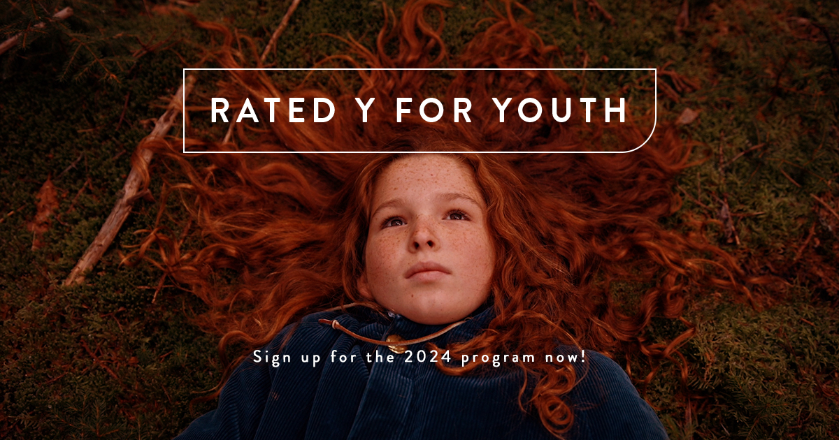 The text "Rated Y for Youth. Sign up for the 2024 program now!" overlaying an image of a young girl with long red hair.