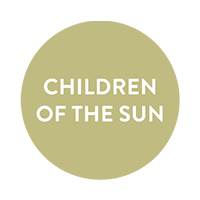 Olive green circle with white text in the middle that reads: Children of the Sun