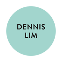 Turquoise circle with black text in the centre that reads: Dennis Lim