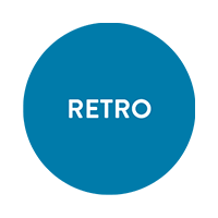 Blue circle with white text in the centre that reads: Retro