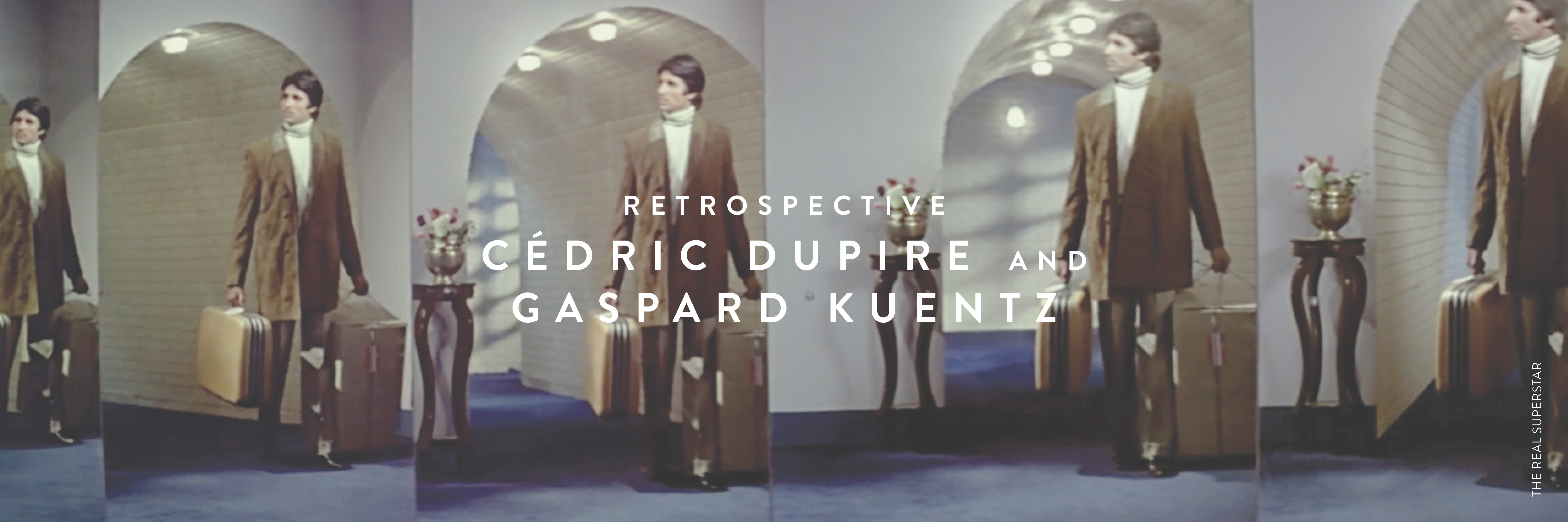 An image of a man wearing a brown suit carrying a brown suitcase, walking down a carpeted hallway; the image is repeated side by side like in a funhouse mirror. White text over the image reads: Spotlight CÉDRIC DUPIRE and GASPARD KUENTZ