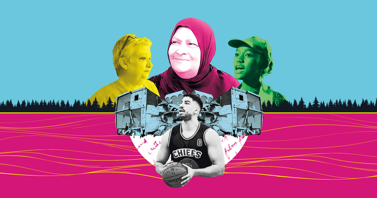 Four people on a blue and pink background, with a tree line through the centre and waves on the bottom half.
