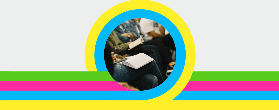 A circle with people holding notebooks, wearing casual clothes, set against a light background. Bright horizontal stripes in yellow, blue, pink, and green intersect the circle, adding a vibrant touch.