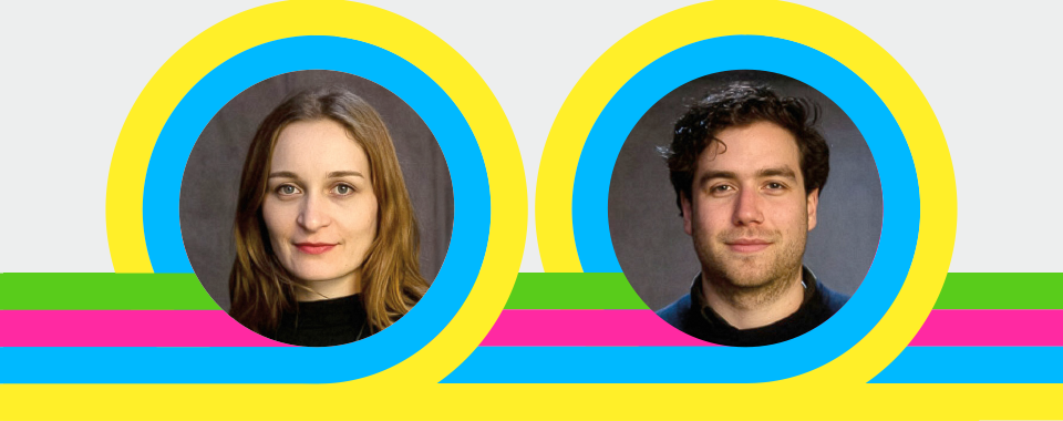 Portraits of a woman and a man inside colorful circular frames with vibrant lines below.