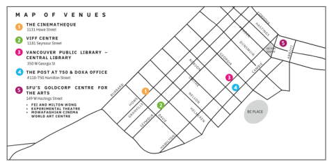 Map showing five venue locations in Vancouver. Each location is numbered and colour-coded, with addresses listed in a key on the left.