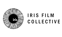 A black and white image of a human iris, with white text in the pupil reading 'iris'. Beside this image is the text: Iris Film Collective